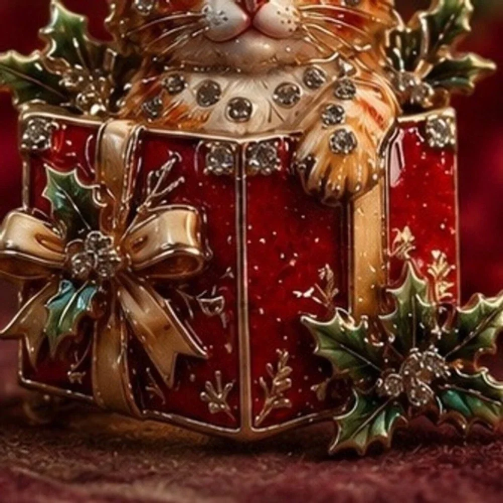 Christmas Kitten Brooch Red Gift Box Rhinestone Enameled Holiday Cat Pin